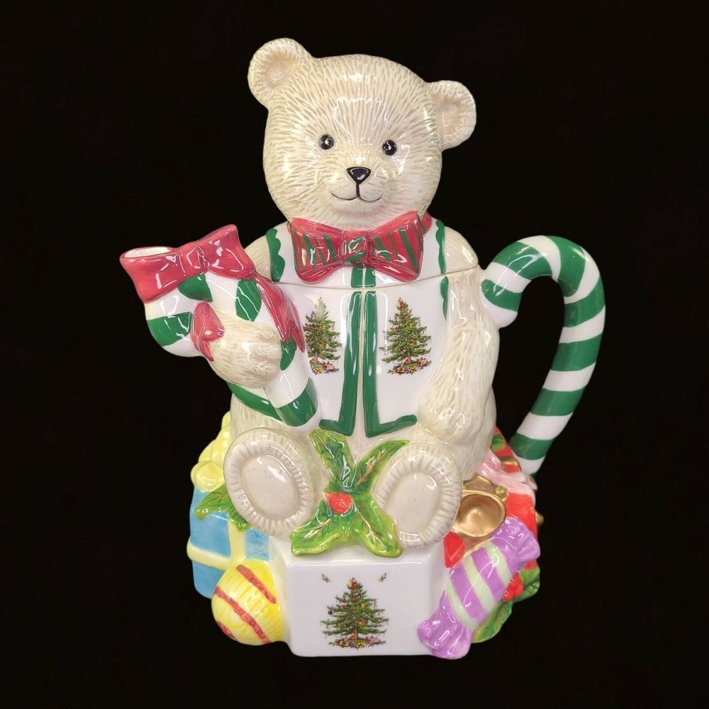 Spode Christmas Tree Green Trim Teddy Bear Tea Pot Teapot With Lid Box Holiday